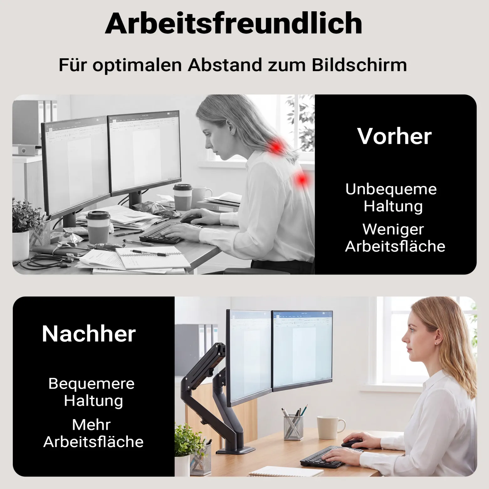 Wiltec Doppel Monitorhalterung mit Gasdruckfeder für zwei Monitore 17-27 Zoll Tischhalterung VESA