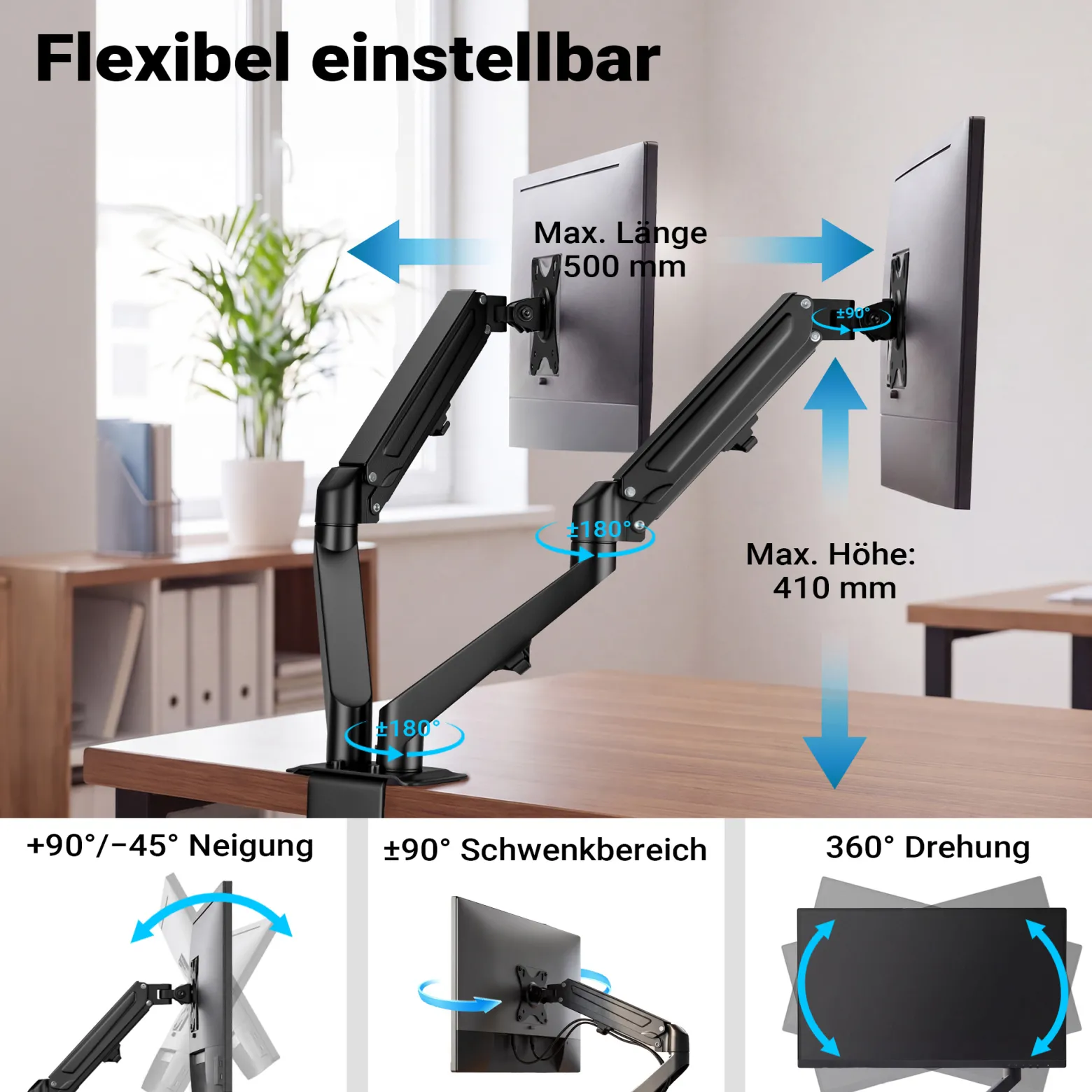Wiltec Doppel Monitorhalterung mit Gasdruckfeder für zwei Monitore 17-27 Zoll Tischhalterung VESA