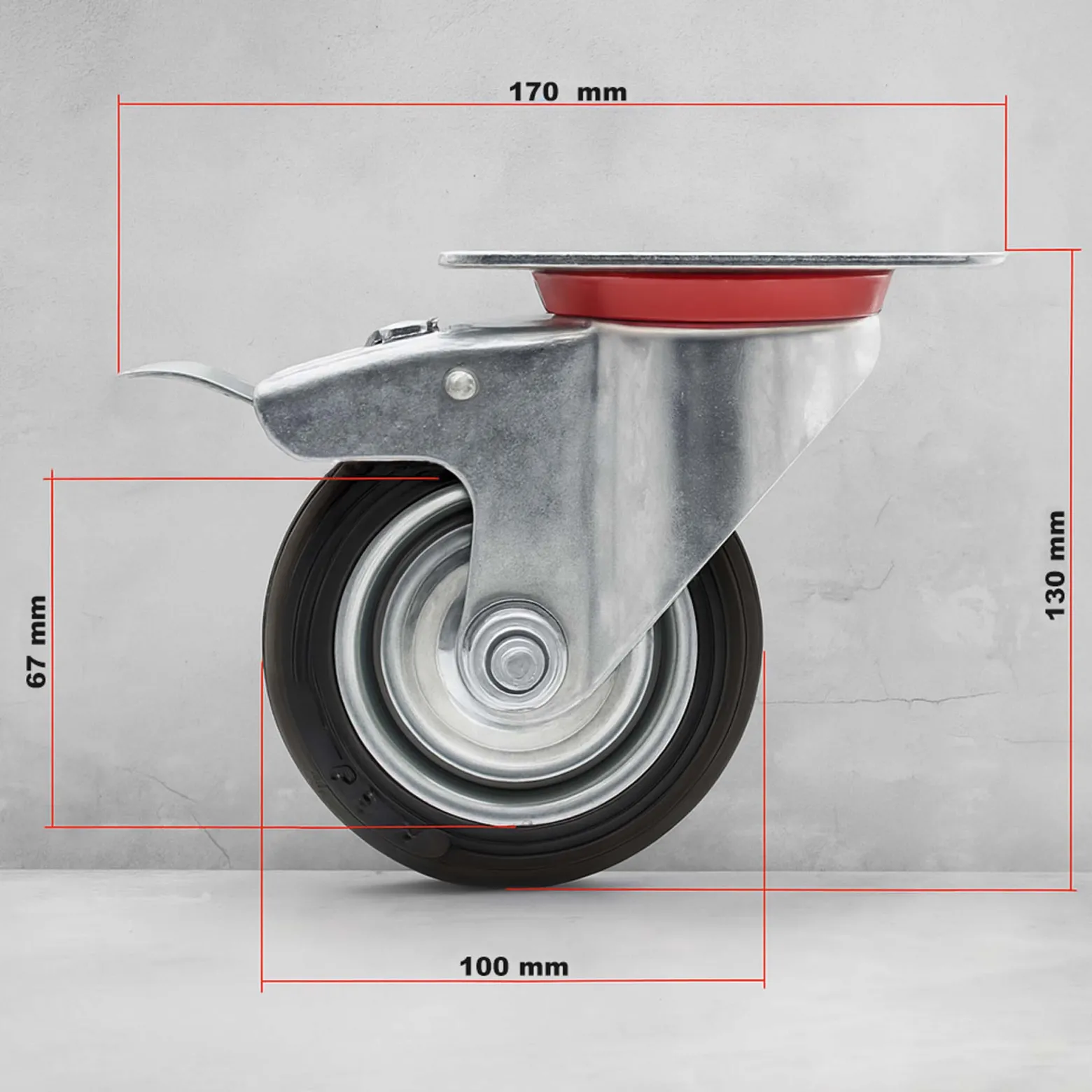Wiltec Doppelstopp-Lenkrolle Ø100mm bis 70kg Tragkraft mit Gummirad und Feststellbremse leiser Lauf, Transportrolle Möbelrolle Laufrolle Möbel-Lenkrolle