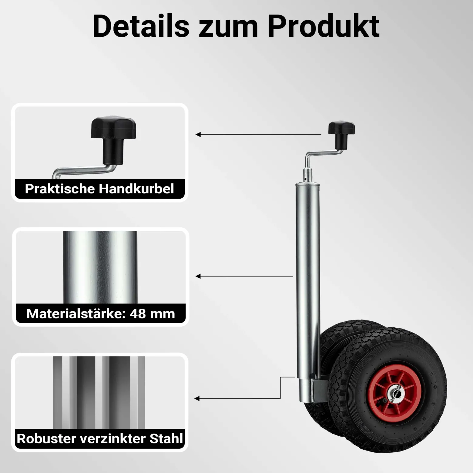 Wiltec Doppelstützrad bis 200 kg, Anhängerstütze mit aufblasbaren Reifen, Stützlast Bugrad ausziehbar, Schwerlast Abstellstütze mit Kunststofffelgen