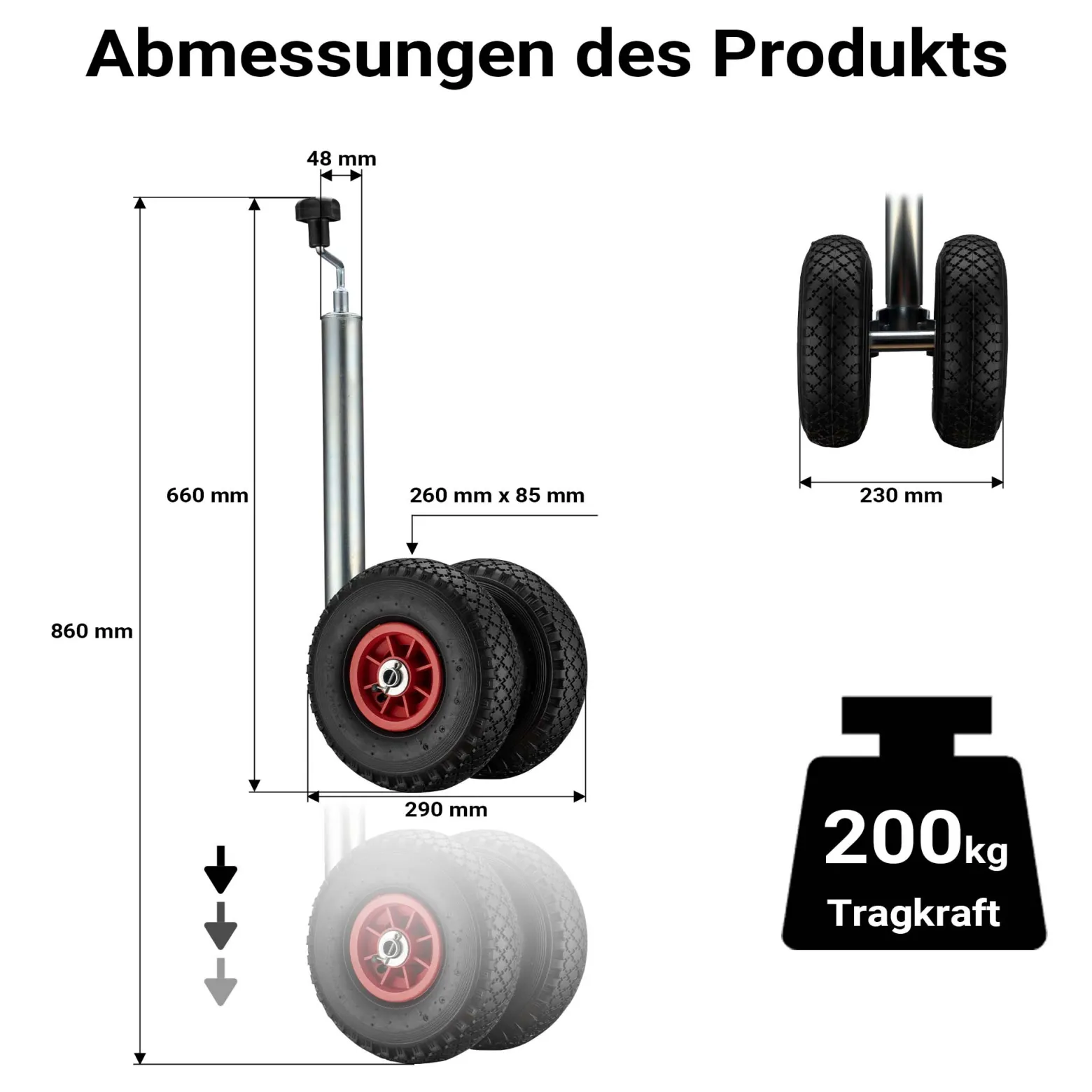 Wiltec Doppelstützrad bis 200 kg, Anhängerstütze mit aufblasbaren Reifen, Stützlast Bugrad ausziehbar, Schwerlast Abstellstütze mit Kunststofffelgen