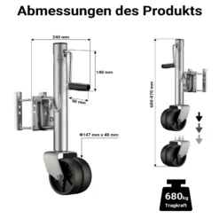 Wiltec Doppelstützrad bis 680 kg, Anhängerstütze aus Stahl, Stützlast Bugrad mit Schwenkarm, Schwerlast Abstellstütze mit Zwillingsrädern