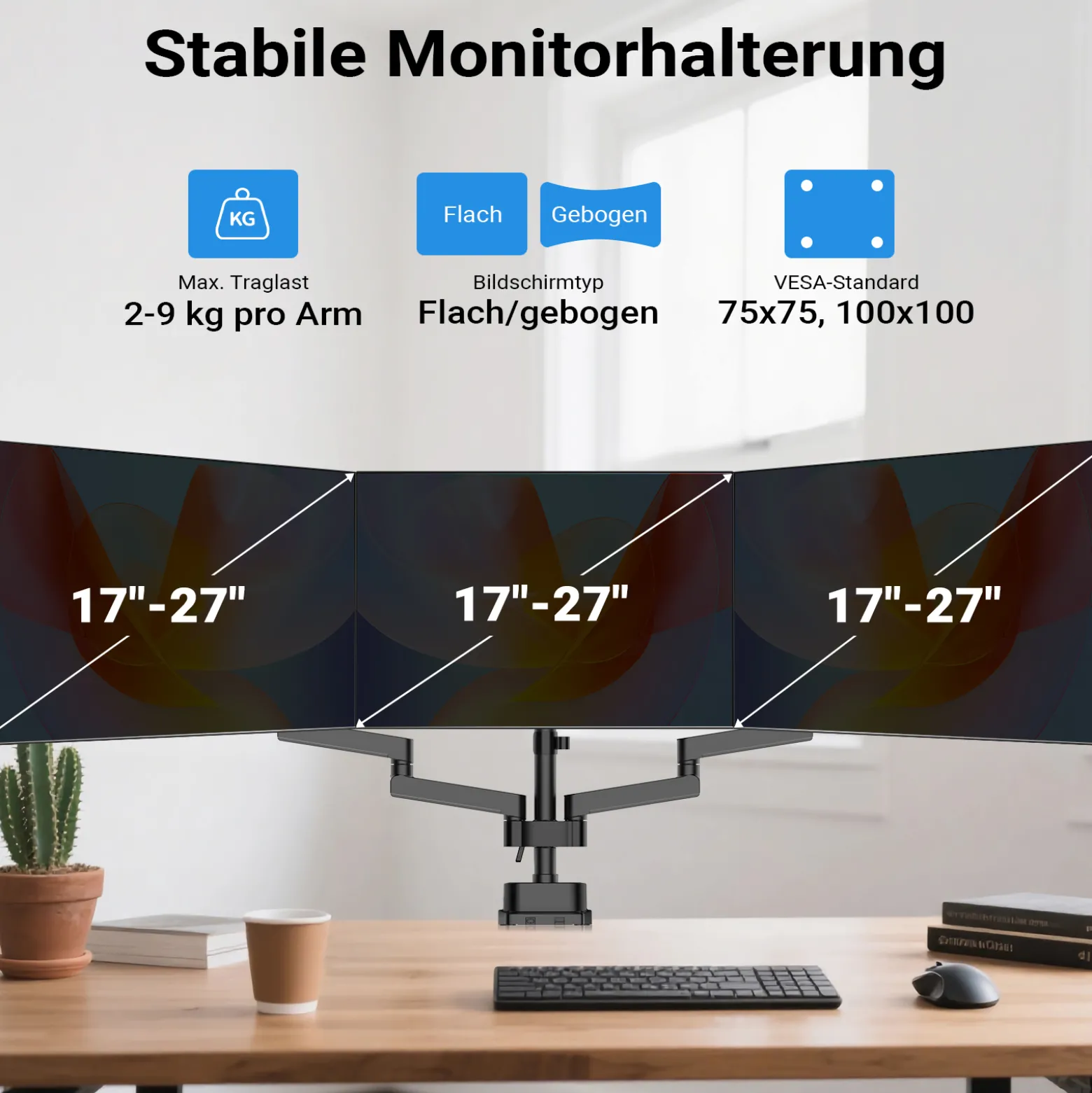 Wiltec Dreifach Monitorhalterung Schreibtisch mit 360° VESA-Platte, Bildschirmhalterung bis 9 kg pro Monitor, Monitorhalter mit Tischklemme