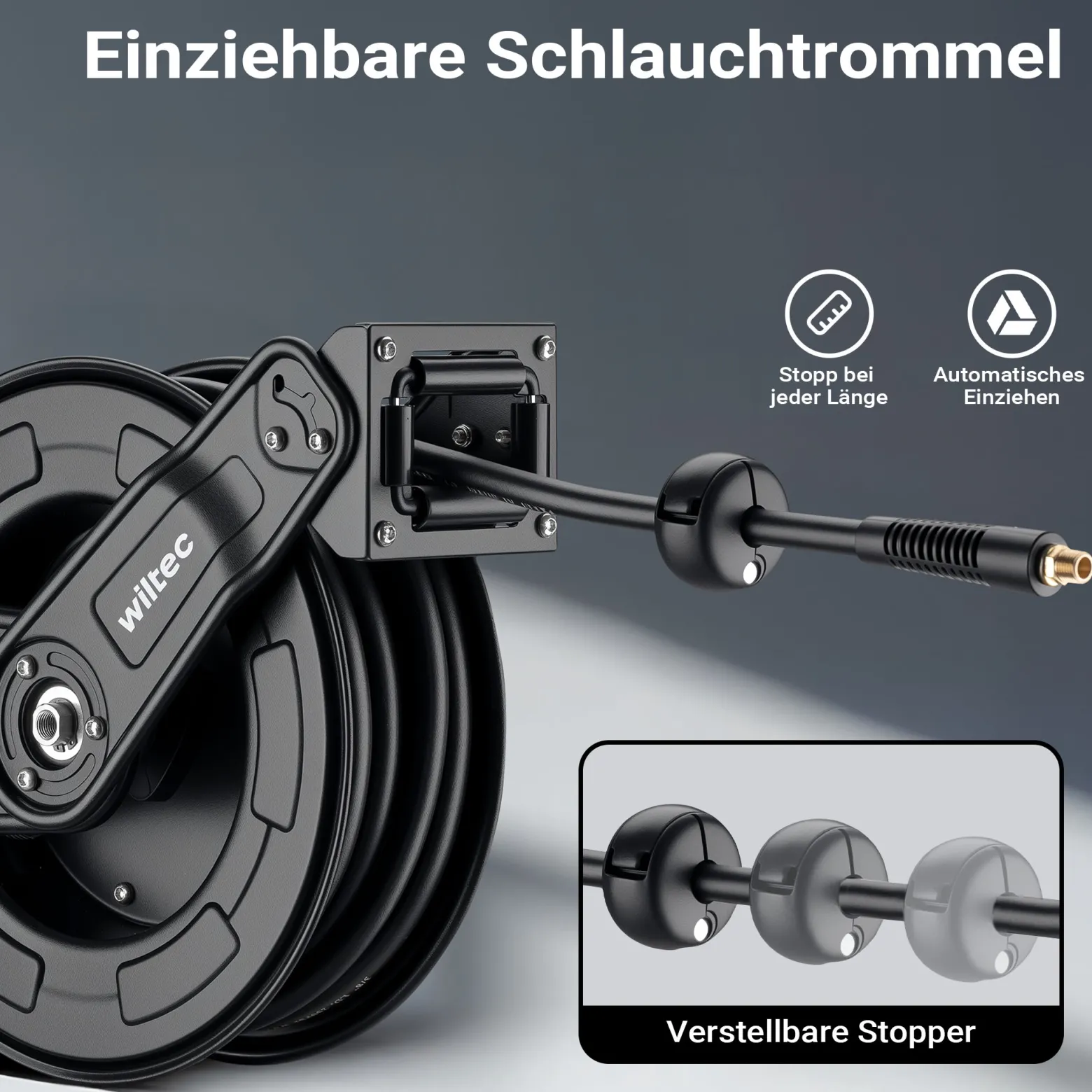 Wiltec Druckluft Schlauchtrommel 20 m, automatische Druckluftschlauchtrommel Stahl, 20 bar Drucklufttrommel, Schlauchaufroller einfache Montage