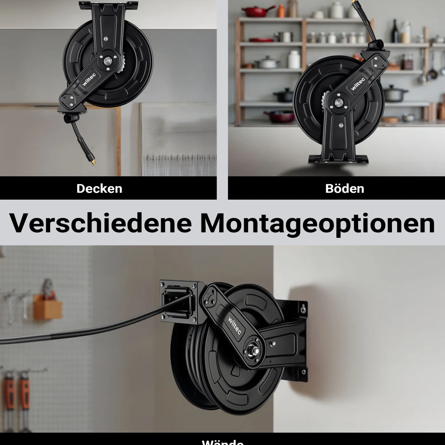 Wiltec Druckluft Schlauchtrommel 20 m, automatische Druckluftschlauchtrommel Stahl, 20 bar Drucklufttrommel, Schlauchaufroller einfache Montage