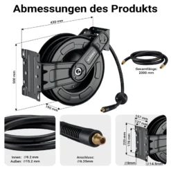 Wiltec Druckluft Schlauchtrommel 20 m, automatische Druckluftschlauchtrommel Stahl, 20 bar Drucklufttrommel, Schlauchaufroller einfache Montage