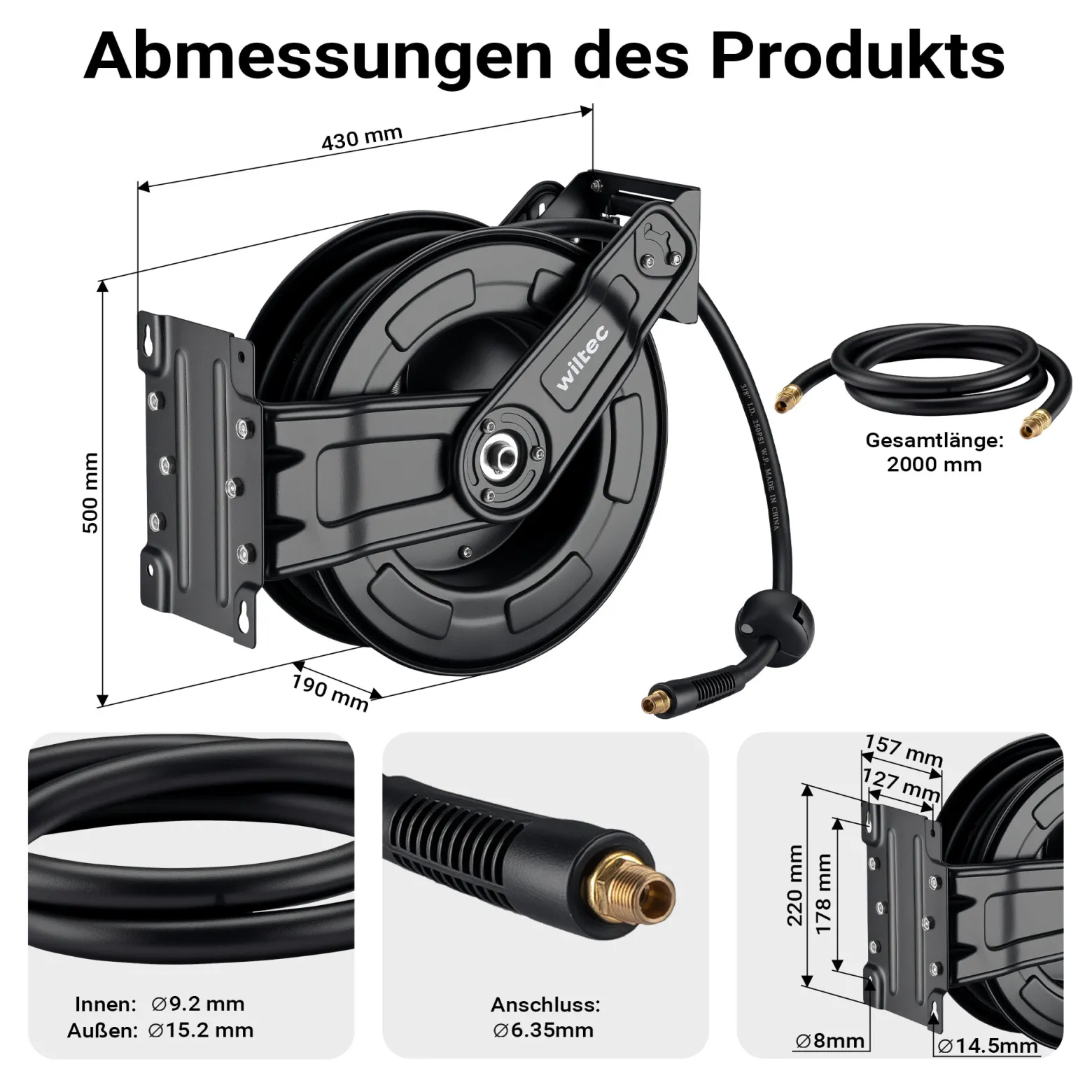 Wiltec Druckluft Schlauchtrommel 20 m, automatische Druckluftschlauchtrommel Stahl, 20 bar Drucklufttrommel, Schlauchaufroller einfache Montage