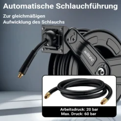 Wiltec Druckluft Schlauchtrommel 20 m, automatische Druckluftschlauchtrommel Stahl, 20 bar Drucklufttrommel, Schlauchaufroller einfache Montage