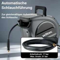 Wiltec Druckluft Schlauchtrommel 20 m, automatische Druckluftschlauchtrommel PP, 17 bar Drucklufttrommel, Schlauchaufroller mit 180° Halterung