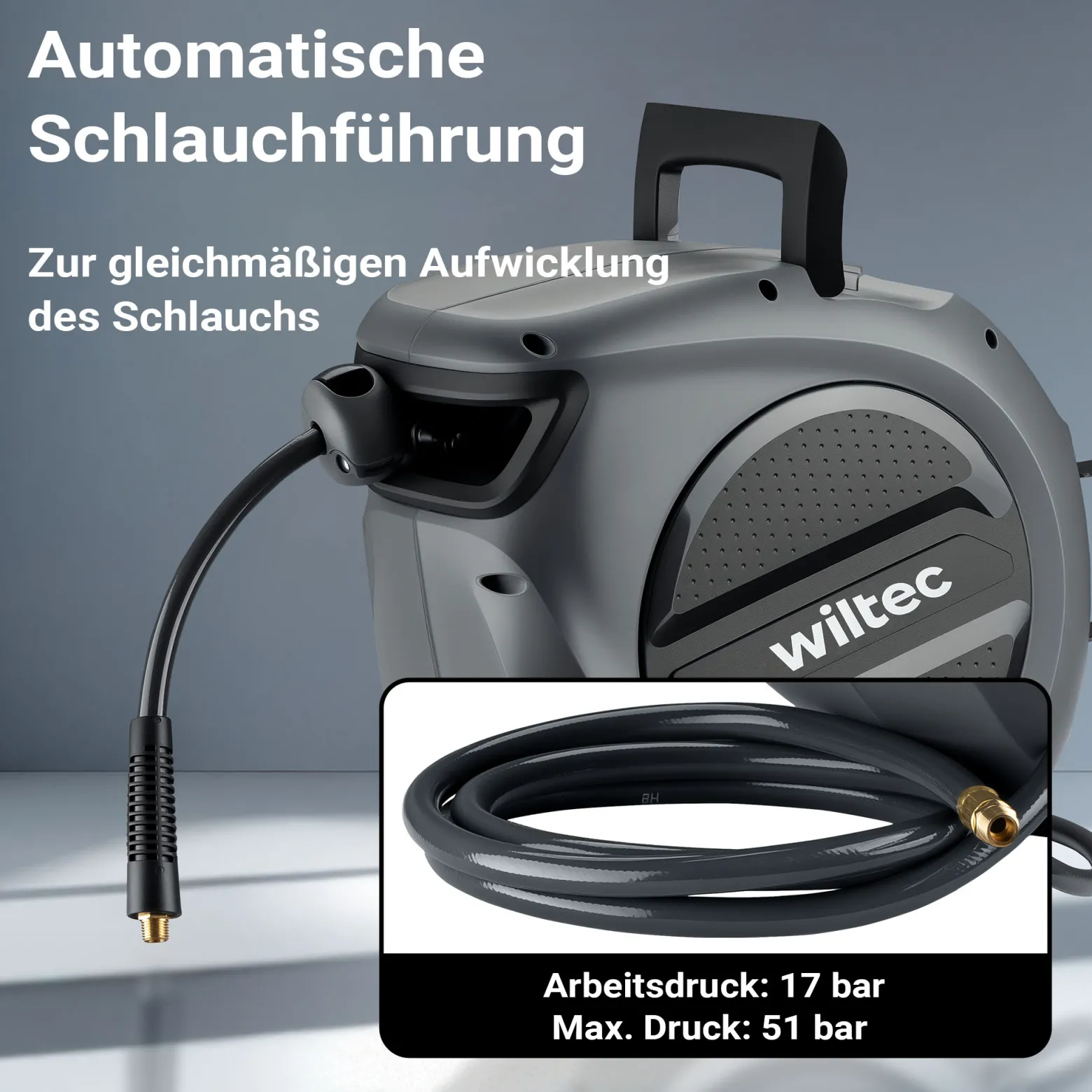 Wiltec Druckluft Schlauchtrommel 20 m, automatische Druckluftschlauchtrommel PP, 17 bar Drucklufttrommel, Schlauchaufroller mit 180° Halterung