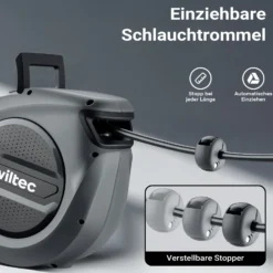 Wiltec Druckluft Schlauchtrommel 15 m, automatische Druckluftschlauchtrommel Stahl, 17 bar Drucklufttrommel, Schlauchaufroller mit 180° Halterung