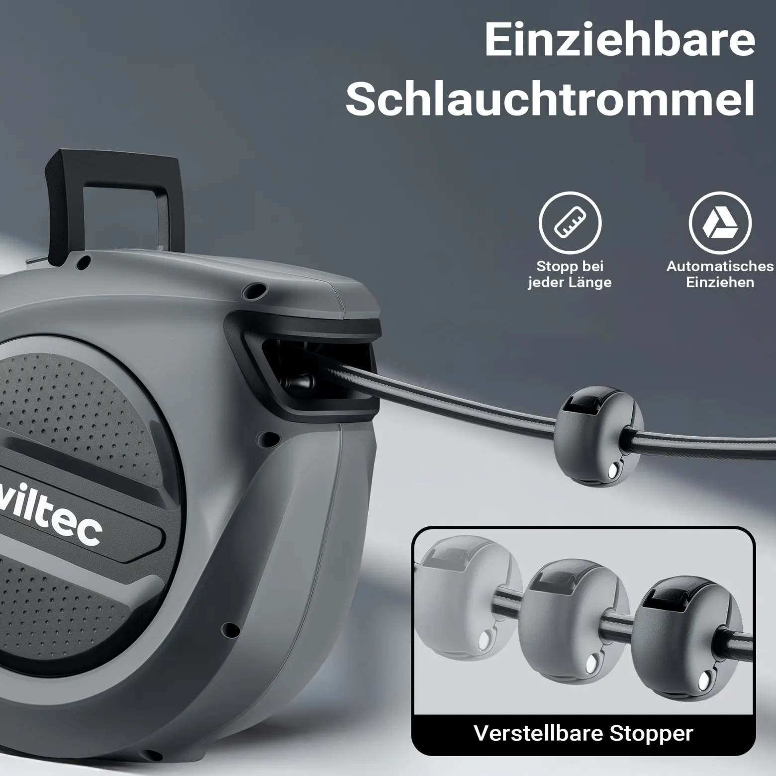 Wiltec Druckluft Schlauchtrommel 15 m, automatische Druckluftschlauchtrommel Stahl, 17 bar Drucklufttrommel, Schlauchaufroller mit 180° Halterung
