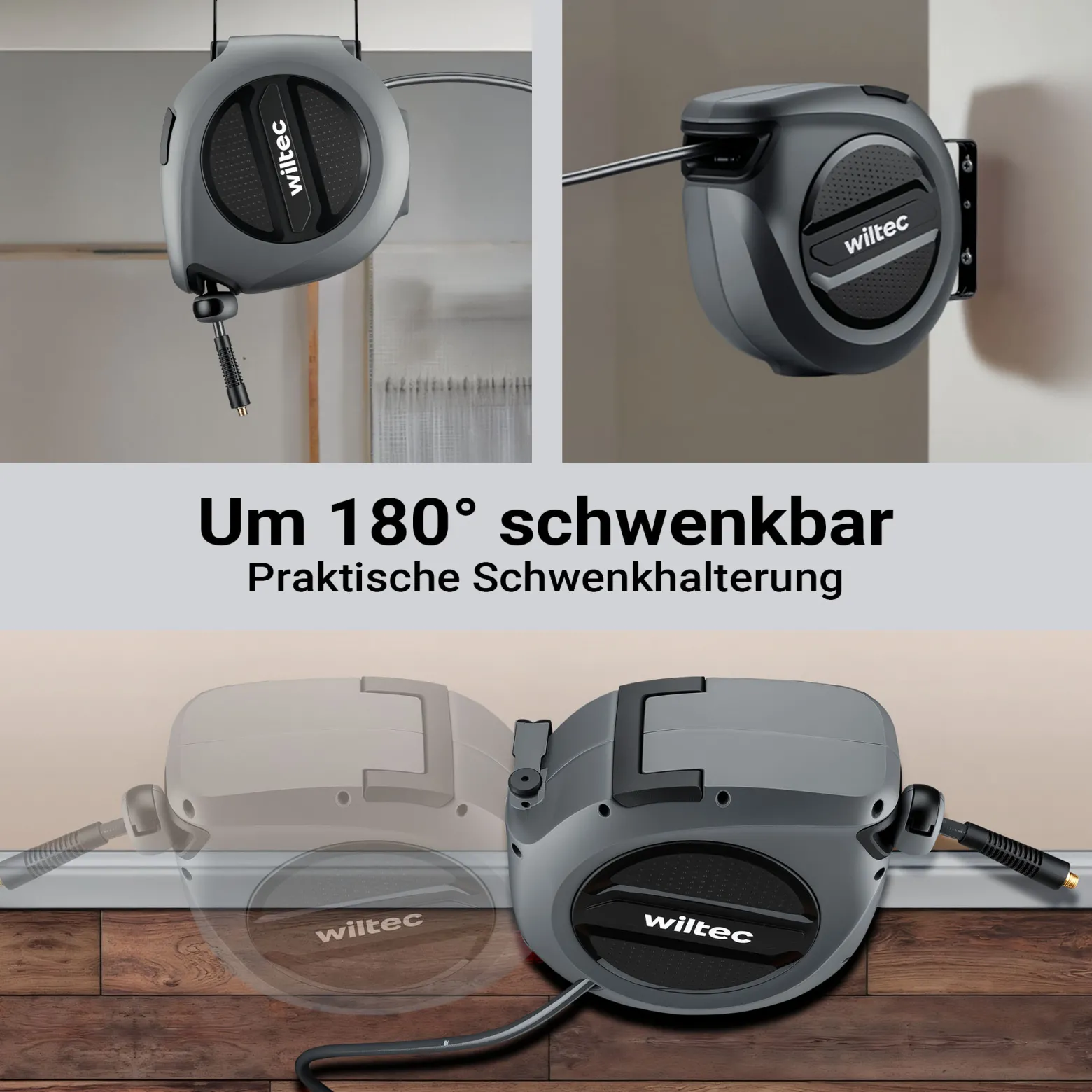 Wiltec Druckluft Schlauchtrommel 15 m, automatische Druckluftschlauchtrommel Stahl, 17 bar Drucklufttrommel, Schlauchaufroller mit 180° Halterung