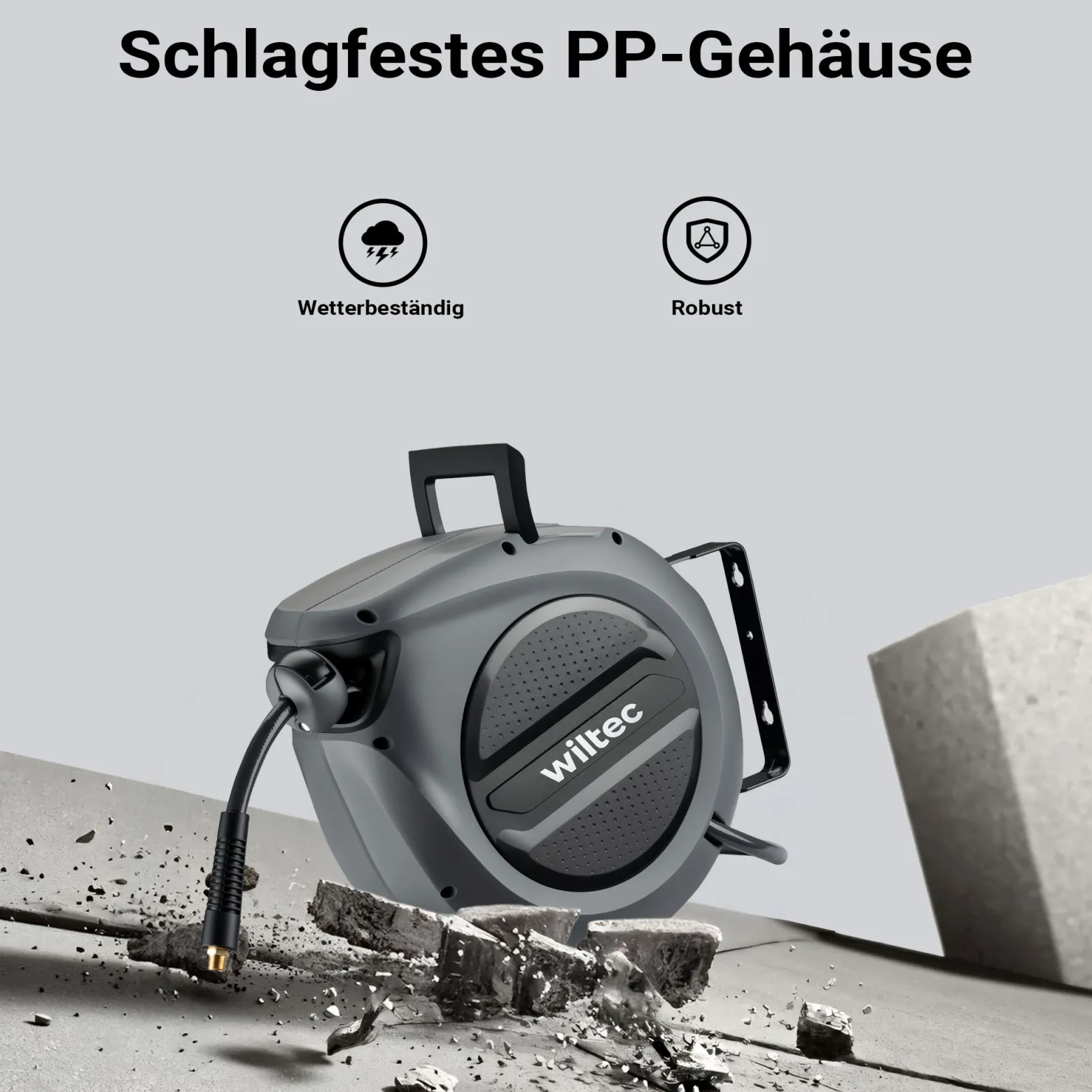 Wiltec Druckluft Schlauchtrommel 15 m, automatische Druckluftschlauchtrommel Stahl, 17 bar Drucklufttrommel, Schlauchaufroller mit 180° Halterung