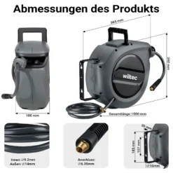 Wiltec Druckluft Schlauchtrommel 15 m, automatische Druckluftschlauchtrommel Stahl, 17 bar Drucklufttrommel, Schlauchaufroller mit 180° Halterung