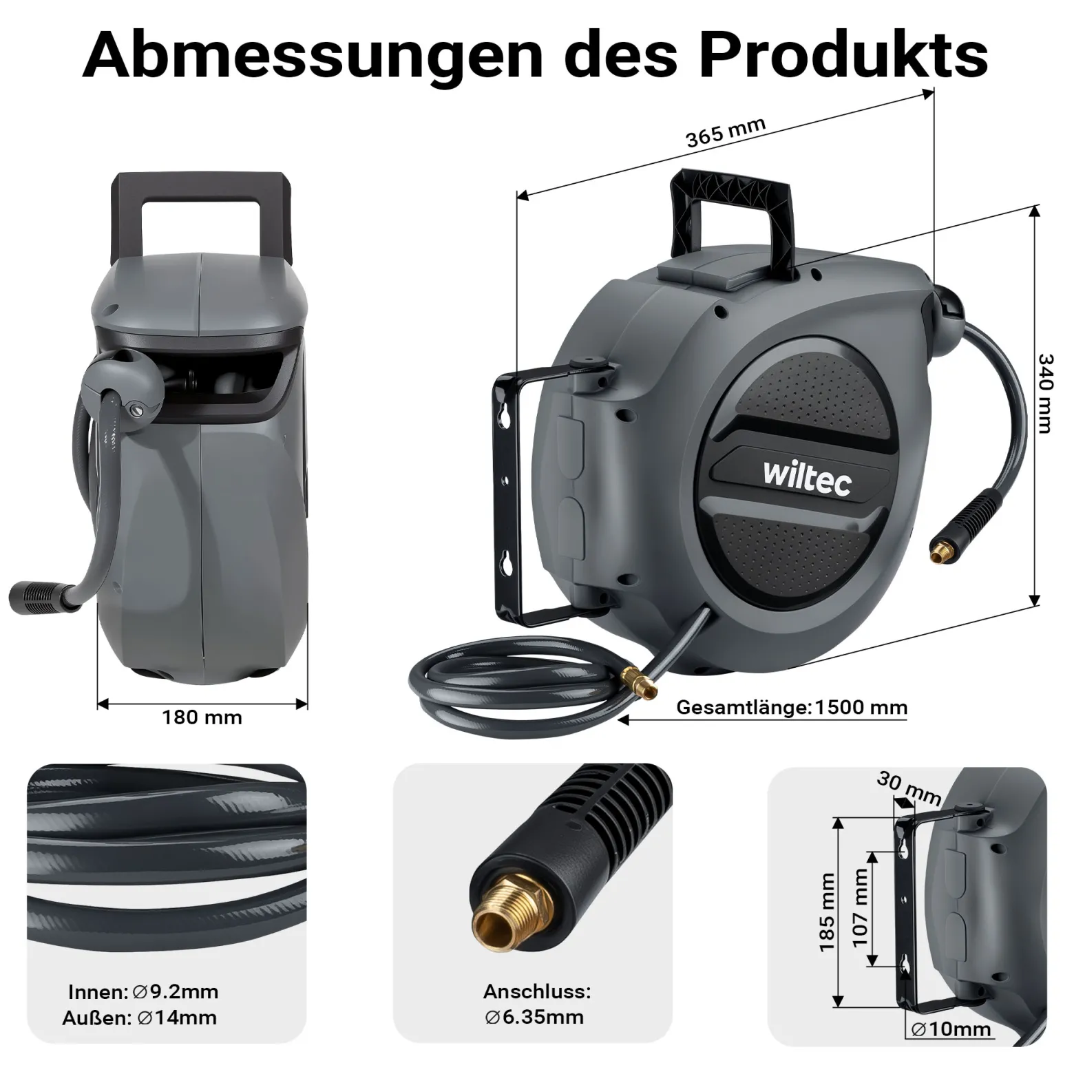 Wiltec Druckluft Schlauchtrommel 15 m, automatische Druckluftschlauchtrommel Stahl, 17 bar Drucklufttrommel, Schlauchaufroller mit 180° Halterung