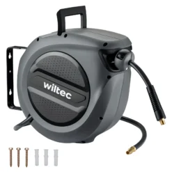 Wiltec Druckluft Schlauchtrommel 15 m, automatische Druckluftschlauchtrommel Stahl, 17 bar Drucklufttrommel, Schlauchaufroller mit 180° Halterung