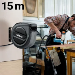 Wiltec Druckluft Schlauchtrommel 15 m, automatische Druckluftschlauchtrommel Stahl, 17 bar Drucklufttrommel, Schlauchaufroller mit 180° Halterung