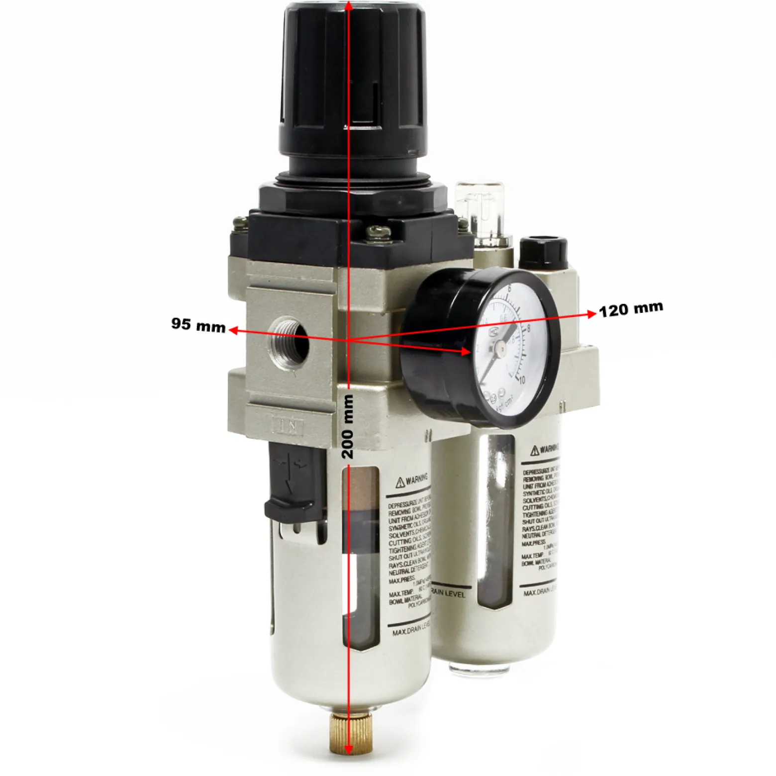 Wiltec Druckluft Wartungseinheit mit 12,91 mm (1/4") IG, Filter, Druckregler Druckminderer, Wasserabscheider, Ölnebler