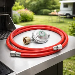 Wiltec Druckminderer auf 50 mbar mit 1,5 m Propanschlauch für Gaszylinder mit Eingang Ø 1/14" / 21,8 mm LH Gasdruckregler Druckregler Gasregler Gasdruckminderer