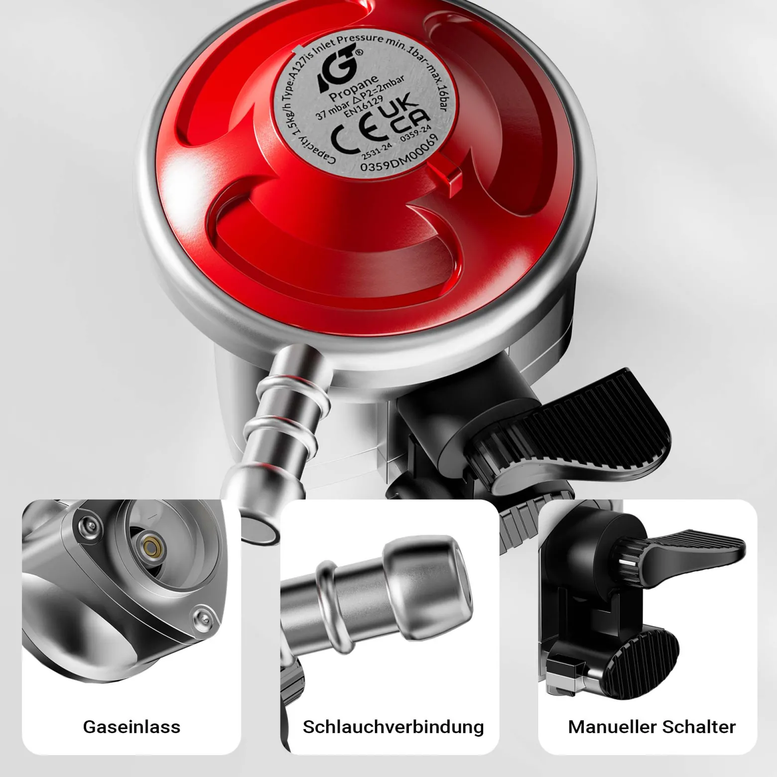 Wiltec Druckminderer 37 mbar 1,5 m Schlauch für UK, Gasdruckregler für konstanten Gasdruck, Gasregler mit Gasschlauch, Druckregler für Gasflaschen