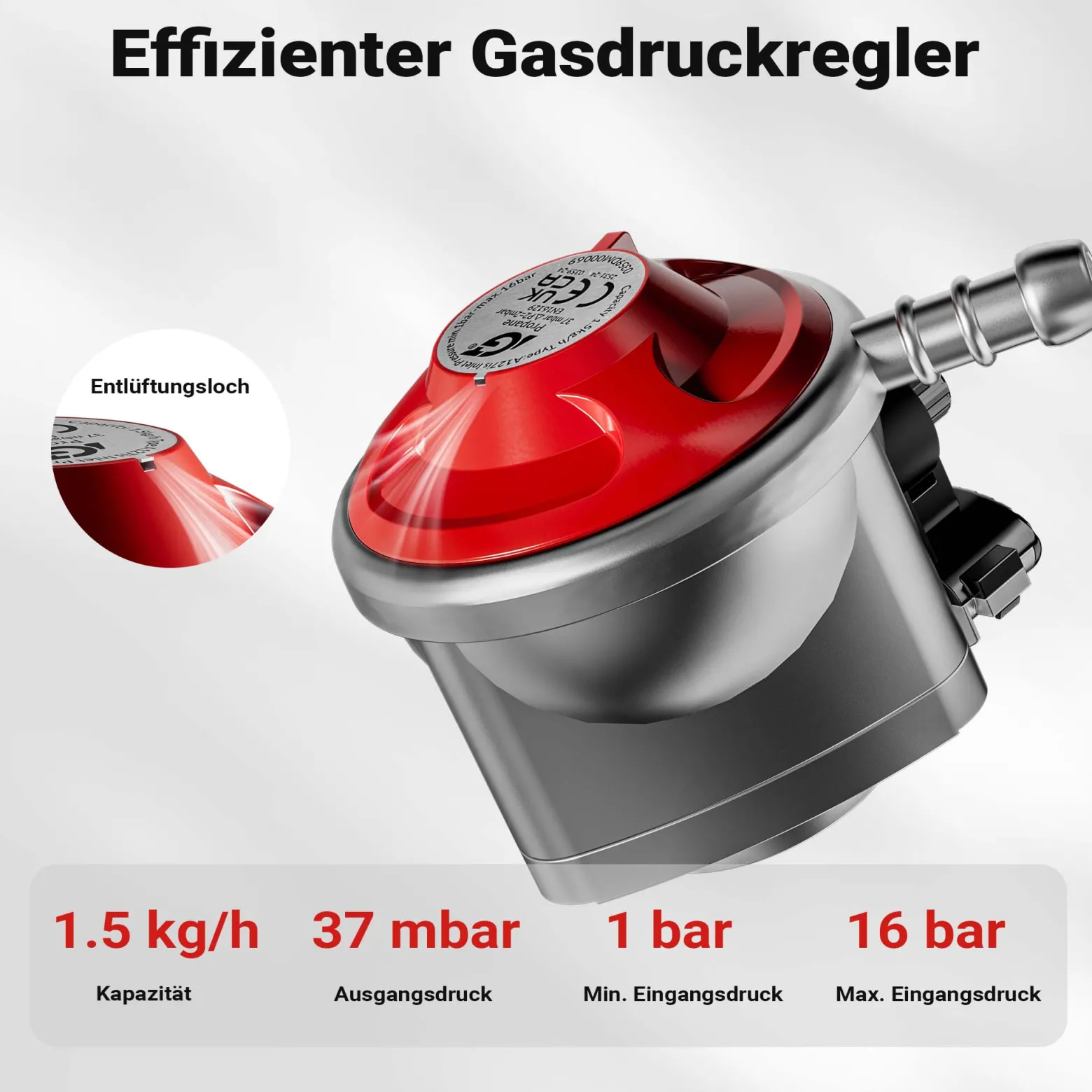 Wiltec Druckminderer 37 mbar 1,5 m Schlauch für UK, Gasdruckregler für konstanten Gasdruck, Gasregler mit Gasschlauch, Druckregler für Gasflaschen