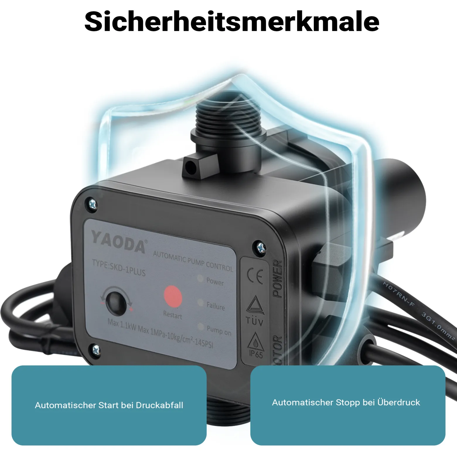 Wiltec Druckschalter mit Kabel SKD-1 230V bis 10 bar, Druckwächter mit Trockenlaufschutz für Hauswasserwerke und Pumpen, zuverlässige Pumpensteuerung