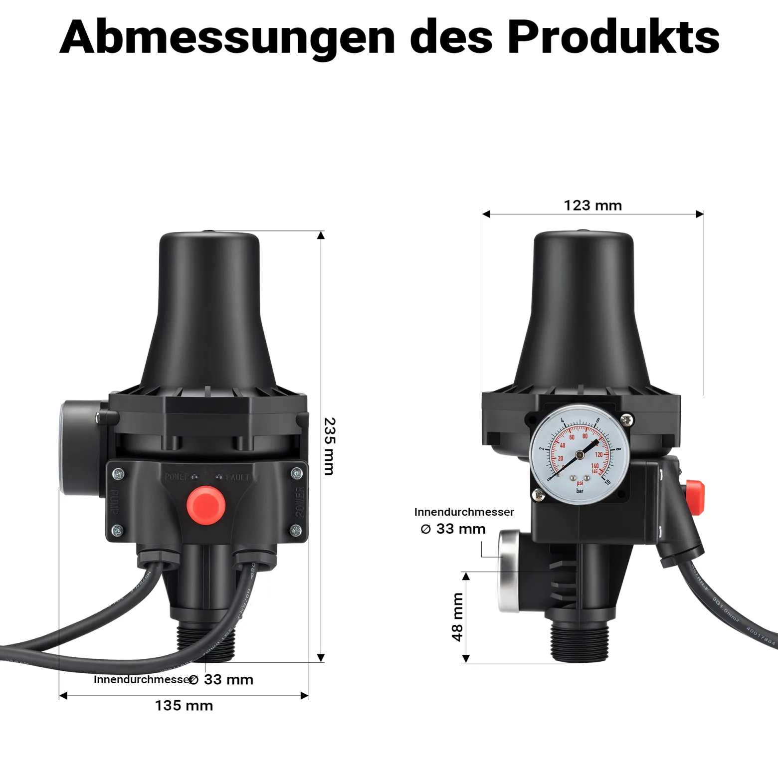 Wiltec Druckschalter SKD-3 230V 1-phasig bis 10 bar, Druckwächter mit Trockenlaufschutz für Hauswasserwerke und Pumpen, zuverlässige Pumpensteuerung