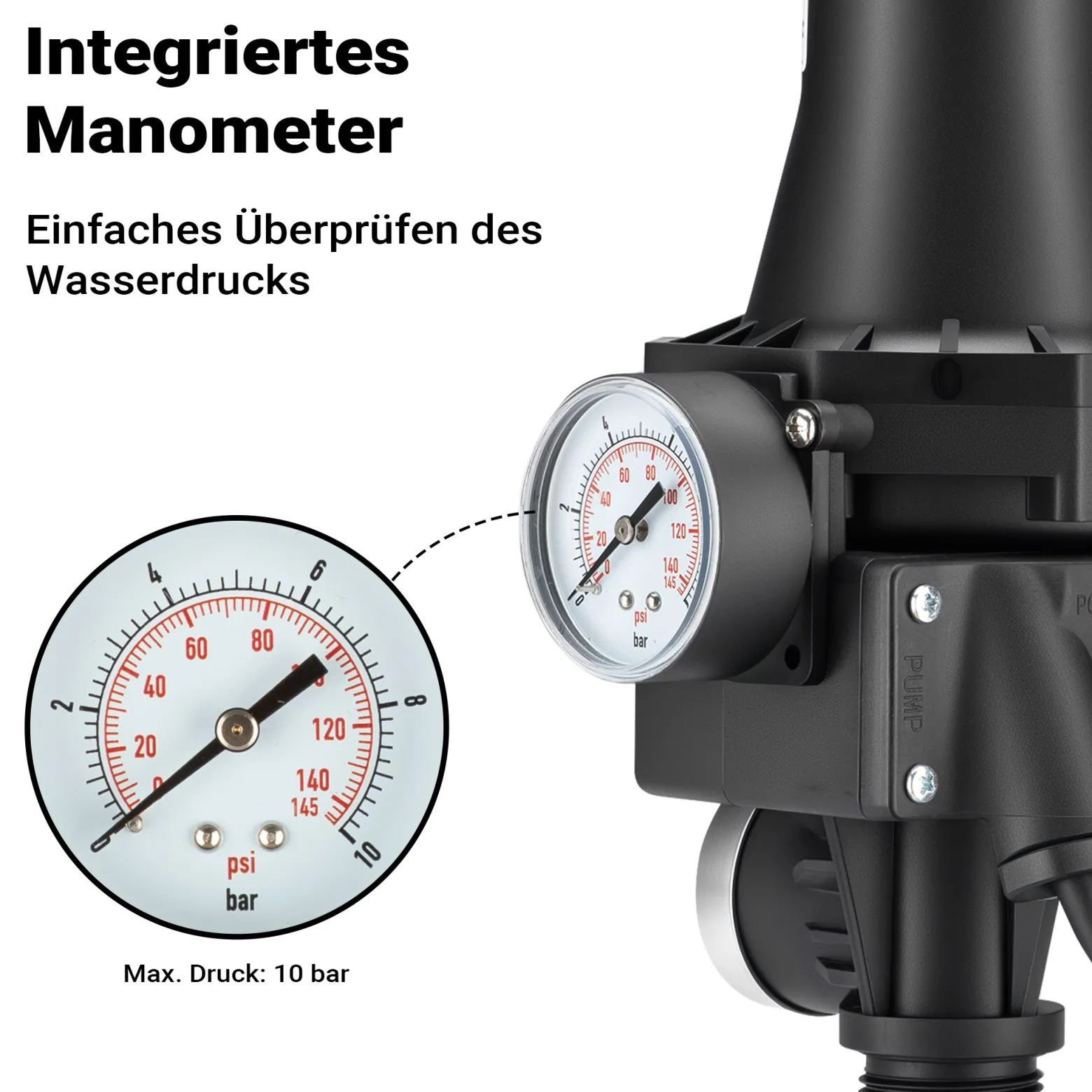 Wiltec Druckschalter SKD-3 230V 1-phasig bis 10 bar, Druckwächter mit Trockenlaufschutz für Hauswasserwerke und Pumpen, zuverlässige Pumpensteuerung