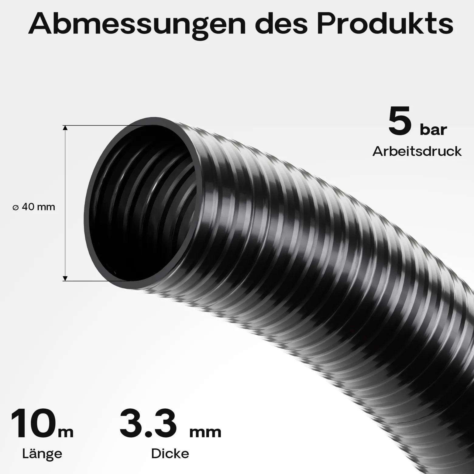Wiltec Druck- und Saugschlauch 10m Teichschlauch 40mm (1 1/2") schwarz kältebeständig bis –5 °C, sehr gute UV-Beständigkeit Pumpenschlauch