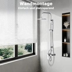 Wiltec Duscharmatur mit quadratischer Regendusche Duschsystem inkl. Handbrause Komplettset zur Wandmontage
