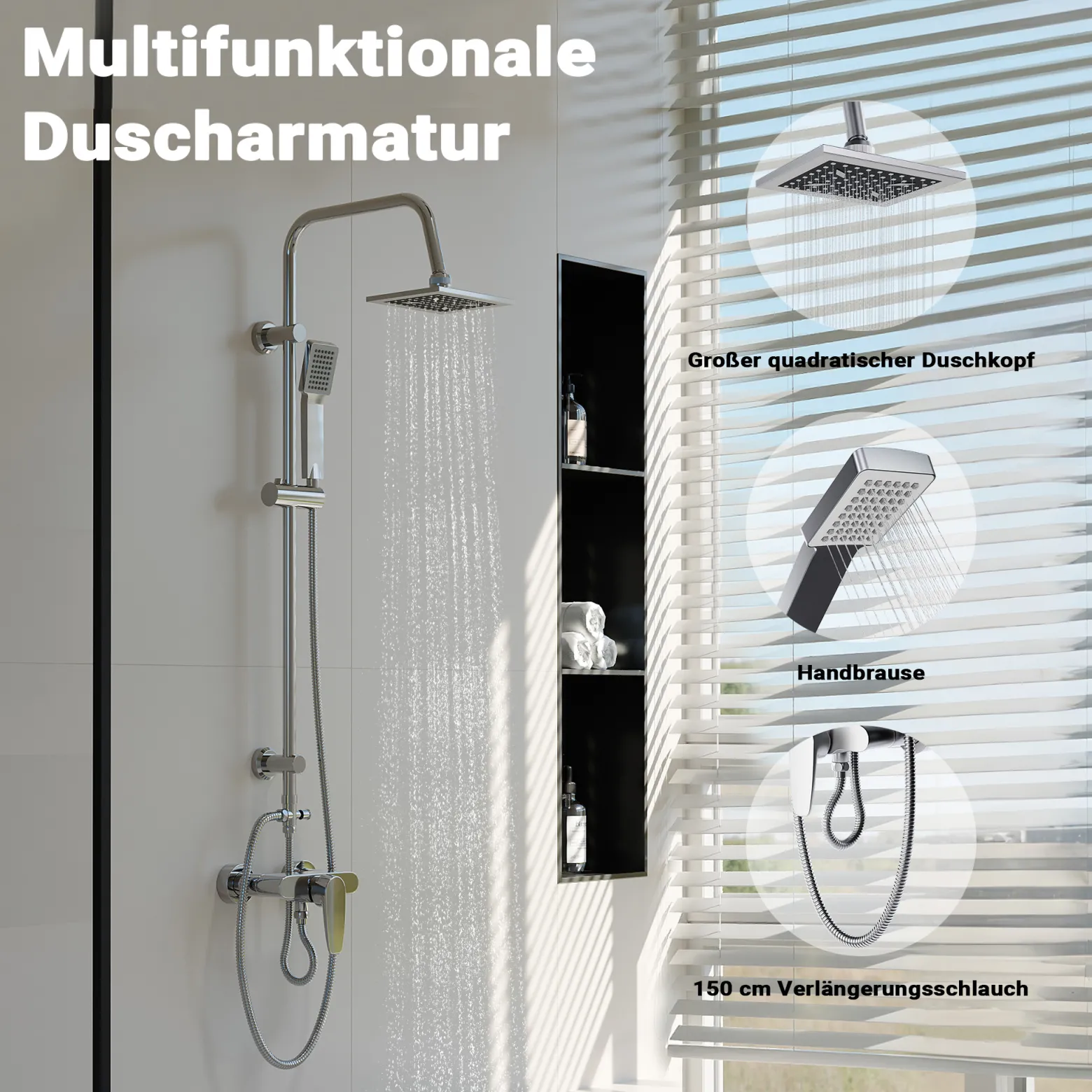 Wiltec Duscharmatur mit quadratischer Regendusche Duschsystem inkl. Handbrause Komplettset zur Wandmontage
