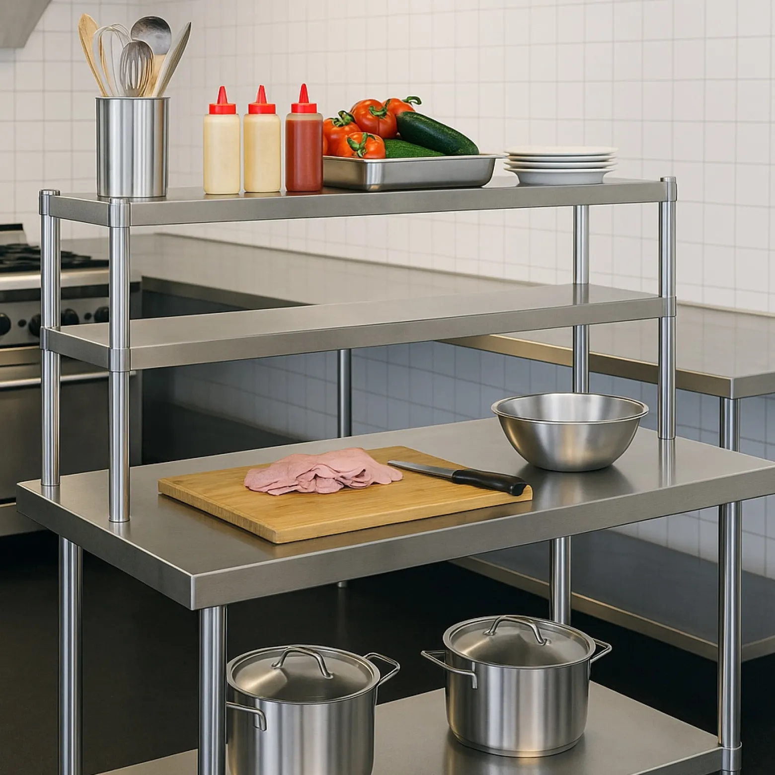 Wiltec Edelstahl Arbeitstisch 120x60x145cm Gastro Tisch mit zweistöckigem Regal und höhenverstellbaren Tischfüßen für die Küche