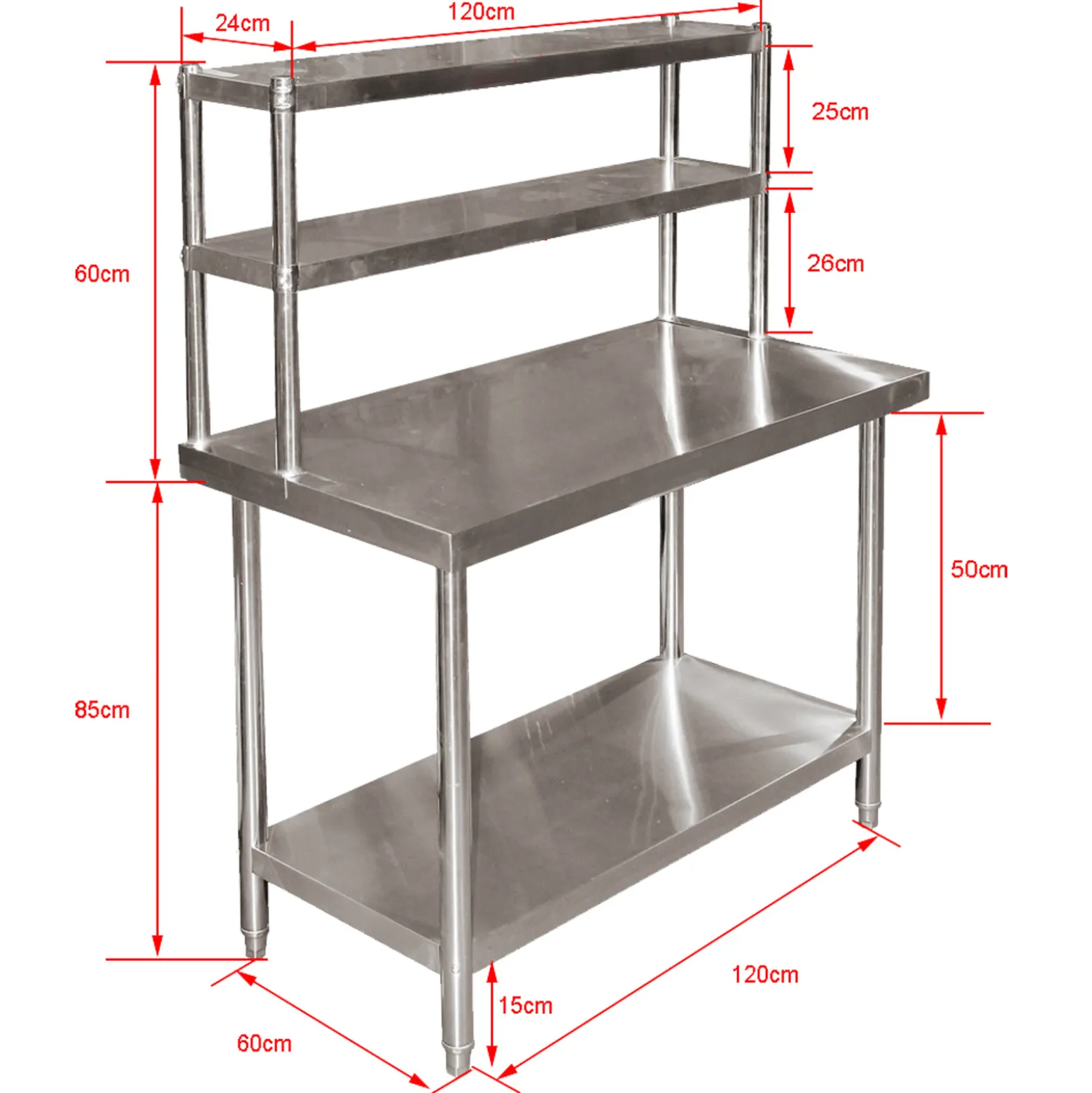 Wiltec Edelstahl Arbeitstisch 120x60x145cm Gastro Tisch mit zweistöckigem Regal und höhenverstellbaren Tischfüßen für die Küche