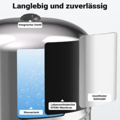 Wiltec Edelstahl Ausdehnungsgefäß 100 Liter, vertikaler Membrankessel für Hauswasserwerke und Druckerhöhungsanlagen mit EPDM Membran