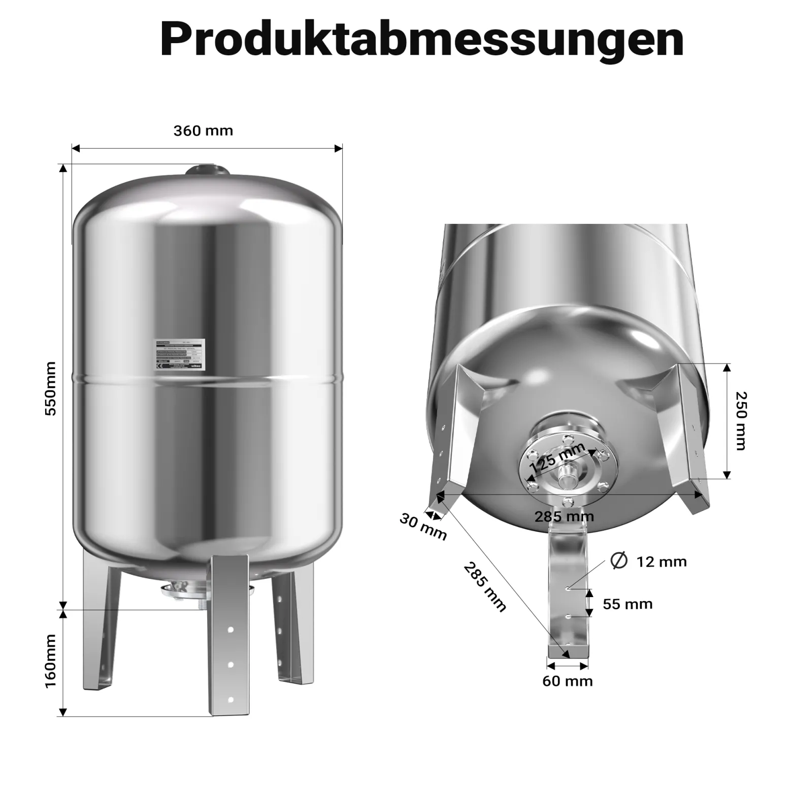 Wiltec Edelstahl Ausdehnungsgefäß 50 Liter, vertikaler Membrankessel für Hauswasserwerke und Druckerhöhungsanlagen mit EPDM Membran