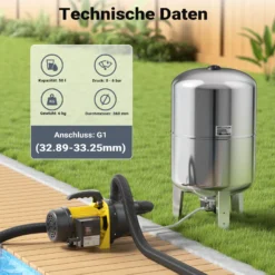 Wiltec Edelstahl Ausdehnungsgefäß 50 Liter, vertikaler Membrankessel für Hauswasserwerke und Druckerhöhungsanlagen mit EPDM Membran