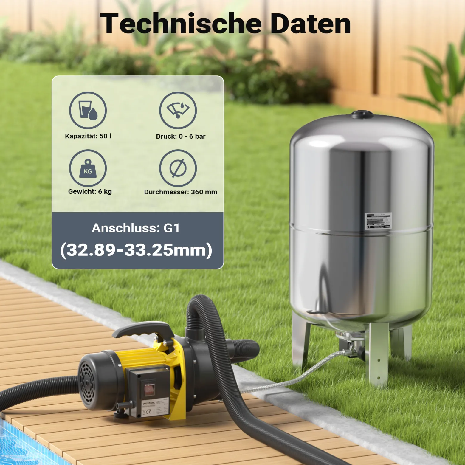 Wiltec Edelstahl Ausdehnungsgefäß 50 Liter, vertikaler Membrankessel für Hauswasserwerke und Druckerhöhungsanlagen mit EPDM Membran