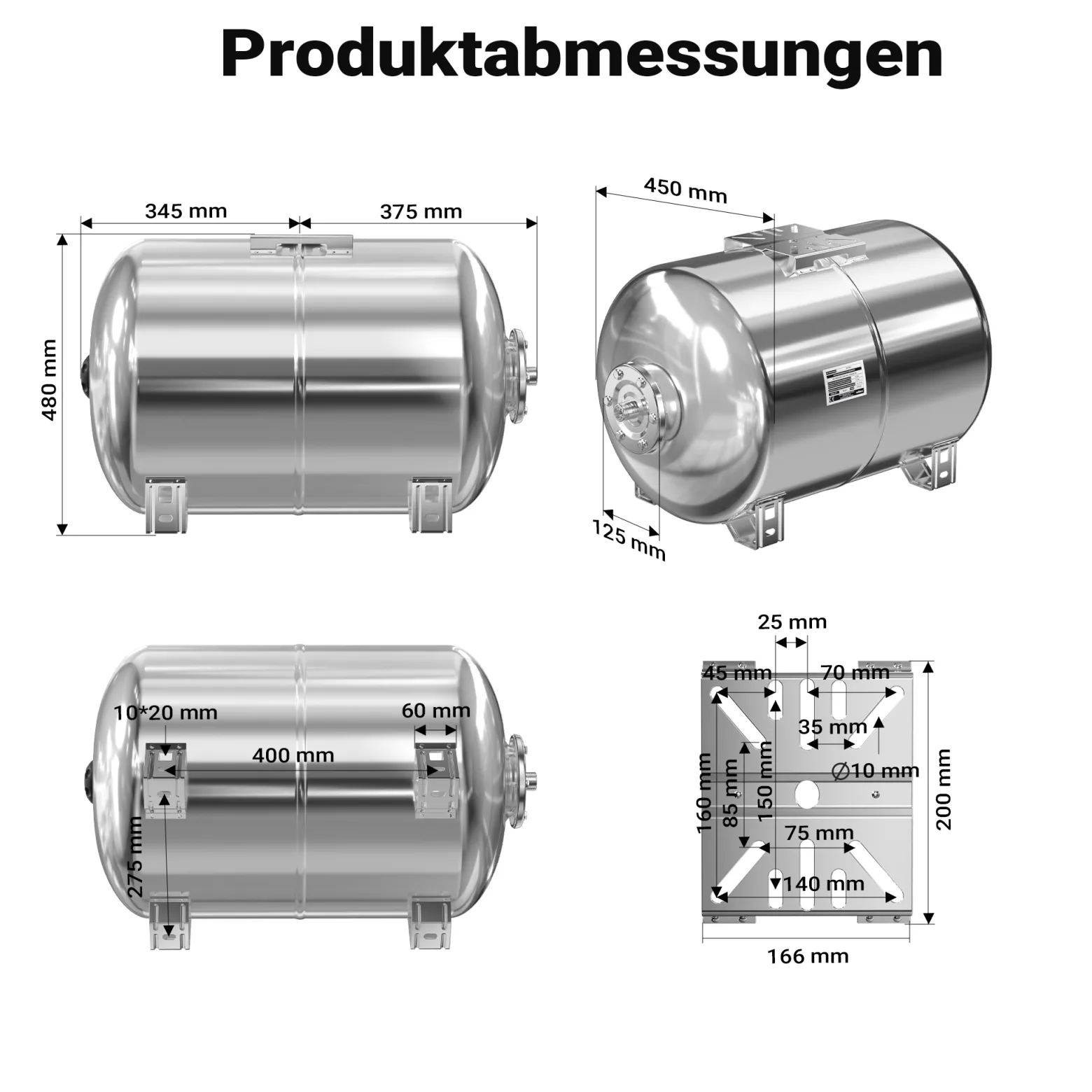 Wiltec Edelstahl Ausdehnungsgefäß 100 Liter, horizontaler Membrankessel für Hauswasserwerke und Druckerhöhungsanlagen mit EPDM Membran