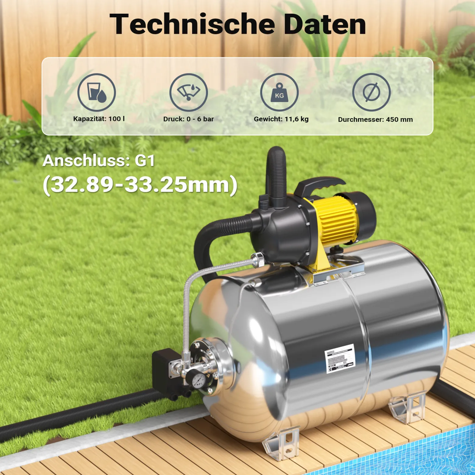 Wiltec Edelstahl Ausdehnungsgefäß 100 Liter, horizontaler Membrankessel für Hauswasserwerke und Druckerhöhungsanlagen mit EPDM Membran