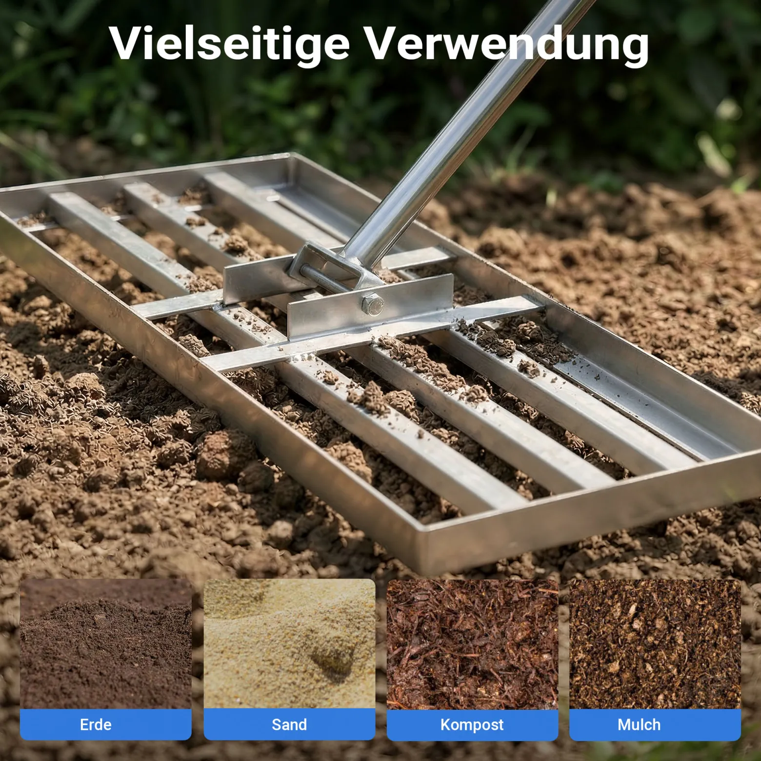 Wiltec Edelstahl Rasenrakel mit Stiel Größe L, Flächenebner 35 x 75 x 2,8 cm Unebenheiten im Rasen ausgleichen, Leveler Gartengerät zum Rasen sanden