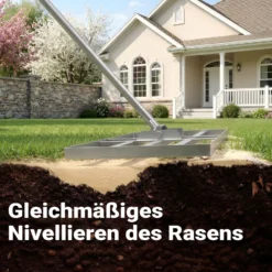 Wiltec Edelstahl Rasenrakel mit Stiel Größe XL, Flächenebner 26 x 100 x 2,8 cm Unebenheiten im Rasen ausgleichen, Leveler Gartengerät zum Rasen sanden