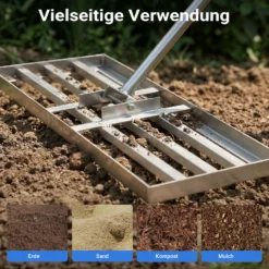 Wiltec Edelstahl Rasenrakel mit Stiel Größe M, Flächenebner 25 x 75 x 2,8 cm Unebenheiten im Rasen ausgleichen, Leveler Gartengerät zum Rasen sanden