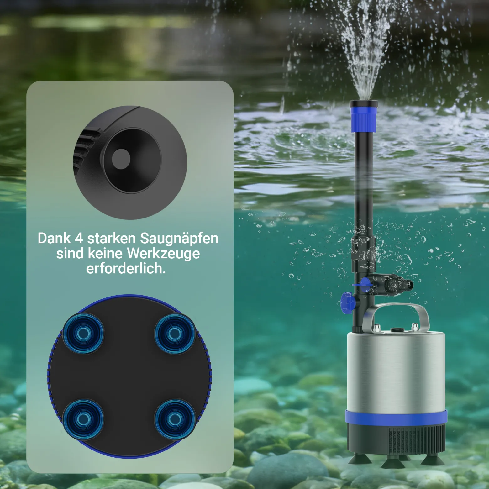 Wiltec Edelstahl Springbrunnenpumpe 50 W 1750 l/h, max. Fontänenhöhe 1,6 m, Teichpumpe inkl. 3 Aufsätze für verschiedene Fontänen, Aquariumpumpe