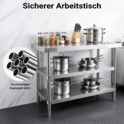Wiltec Edelstahl Tisch Arbeitstisch Edelstahltisch mit 2 Ablagen 120x60x85cm für Gastro Küche Werkstatt Garten Keller mit höhenverstellbare Füßen