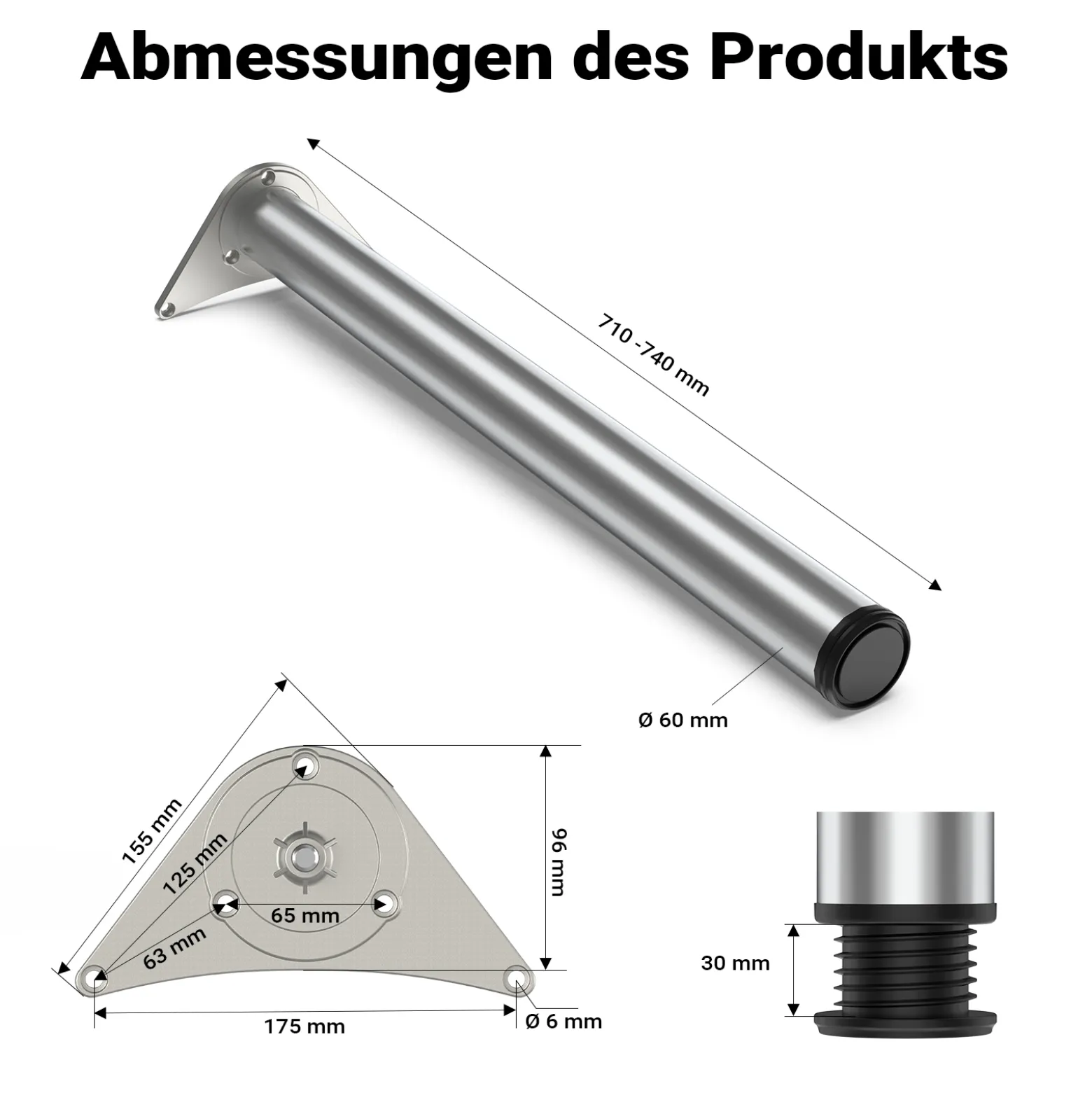 Wiltec Edelstahl Tischbein 4er Set Möbelfuss Verstellbar Ø60mm 710mm Chrom