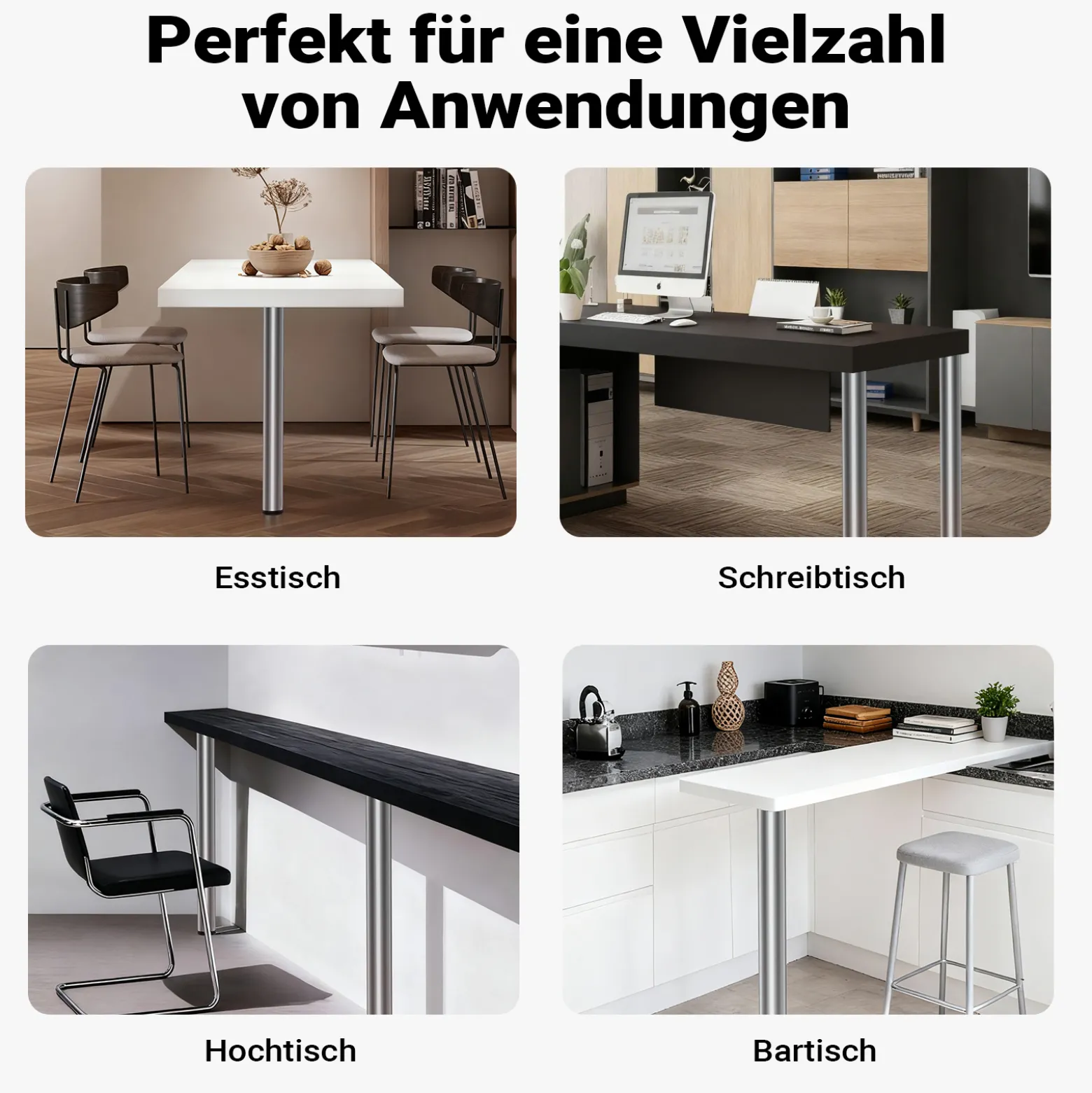 Wiltec Edelstahl Tischbein 4er Set Möbelfuss Verstellbar Ø60mm 870mm Chrom
