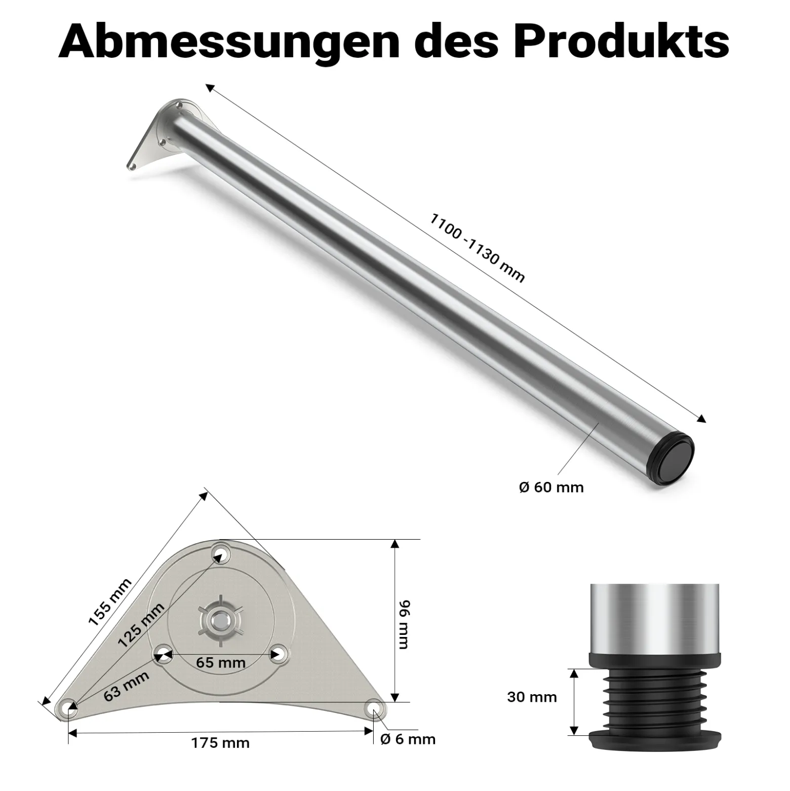 Wiltec Edelstahl Tischbein 4er Set Möbelfuss Verstellbar Ø60mm 1100mm Chrom