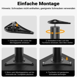 Wiltec Edelstahl Tischbein Set, schwarz, 4 Möbelfüße Ø 60 mm und mit verstellbarer Länge 820-850 mm, bis 200 kg Tragkraft