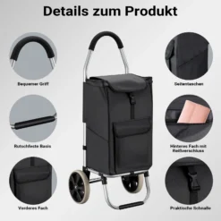 Wiltec Einkaufstrolley klappbar 36,5 x 44 x 103 cm bis 40 kg, Hackenporsche mit zwei Rädern, faltbarer Trolly Einkaufswagen mit Handgriff, Shopping Trolley mit großer Einkaufstasche
